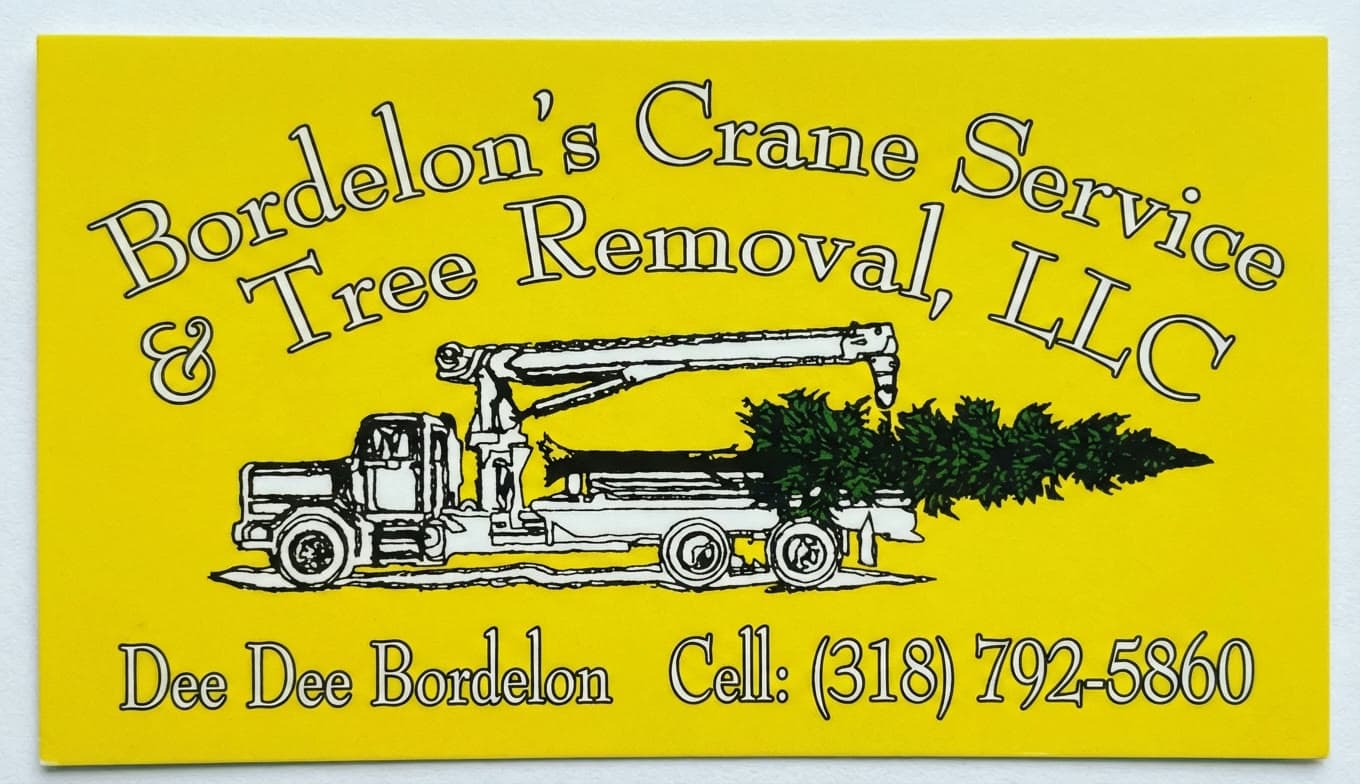 Business card with Bordelon's Crane Service and Tree Removal logo